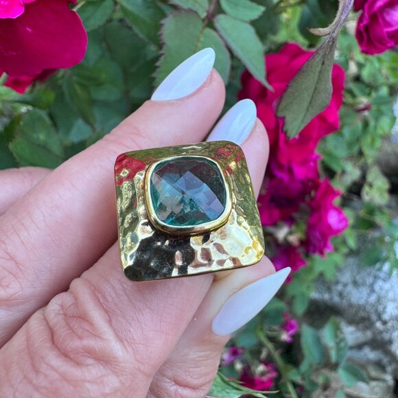 Ross-Simons 925 Sterling Silver Hammered Gold Tone Blue Ring Size 6.5 Vintage - Picture 1 of 14